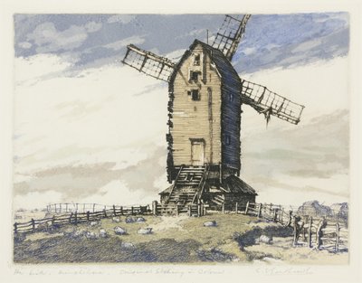 Vindmølle, Winchelsea, East Sussex (farvet mezzotint) af English School